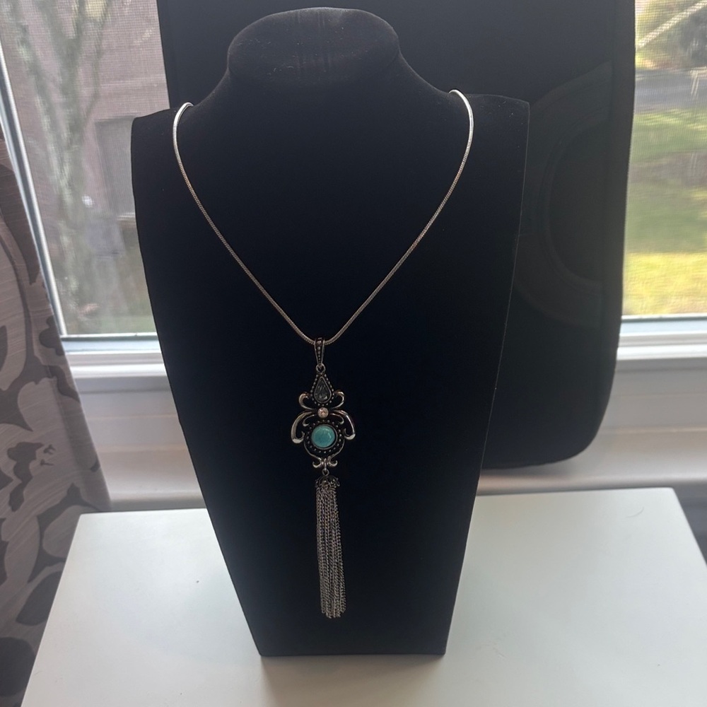 Silvertone turquoise necklace with tassels. Like new.